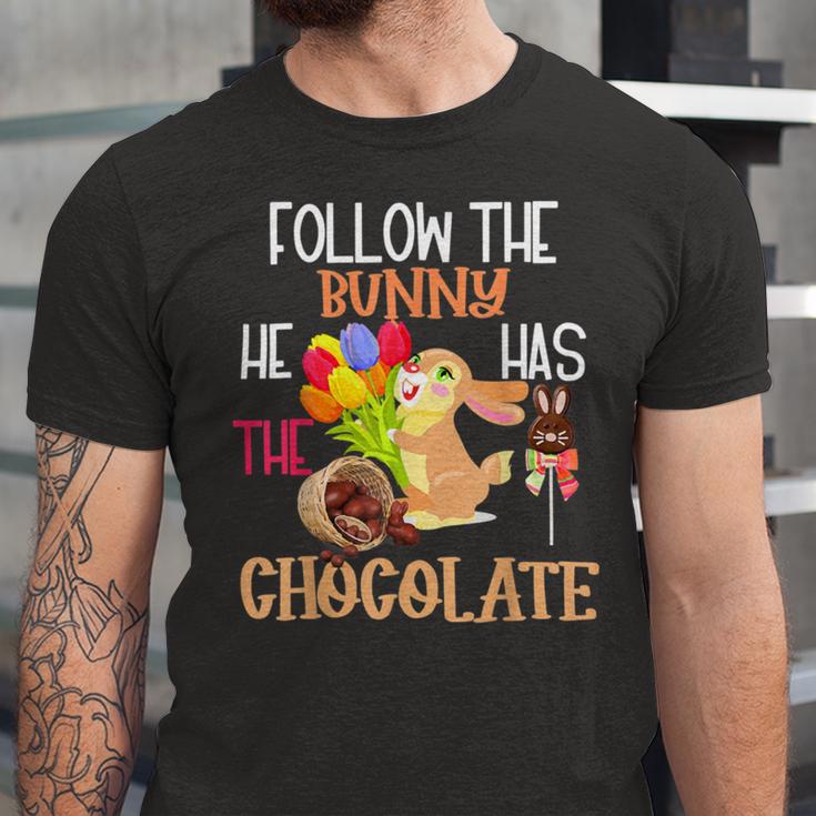 Follow The Bunny He Has Chocolate Unisex Jersey Short Sleeve Crewneck Tshirt