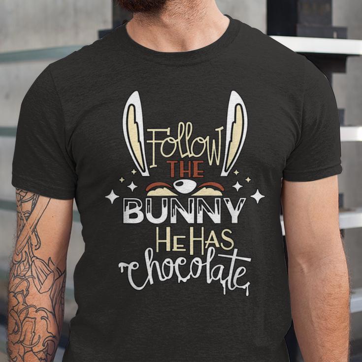 Follow The Bunny He Has Chocolate Unisex Jersey Short Sleeve Crewneck Tshirt