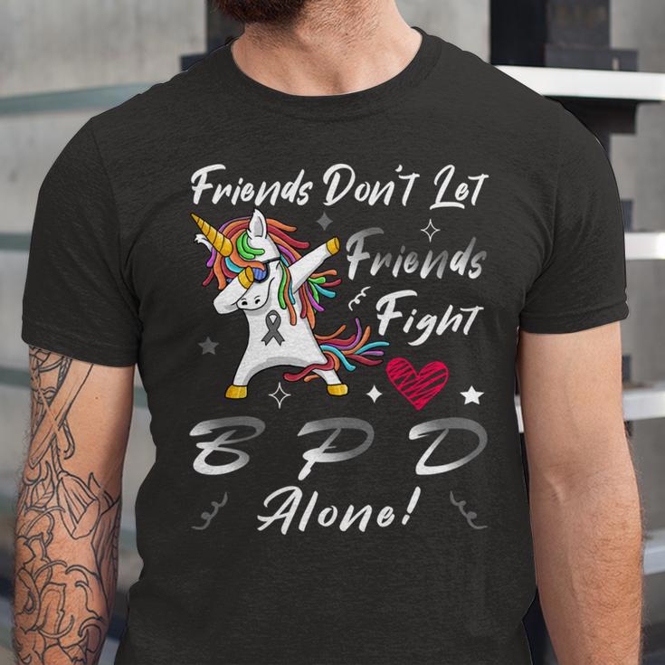 Friends Dont Let Friends Fight Borderline Personality Disorder Bpd Alone Unicorn Grey Ribbon Borderline Personality Disorder Bpd Awareness Unisex Jersey Short Sleeve Crewneck Tshirt