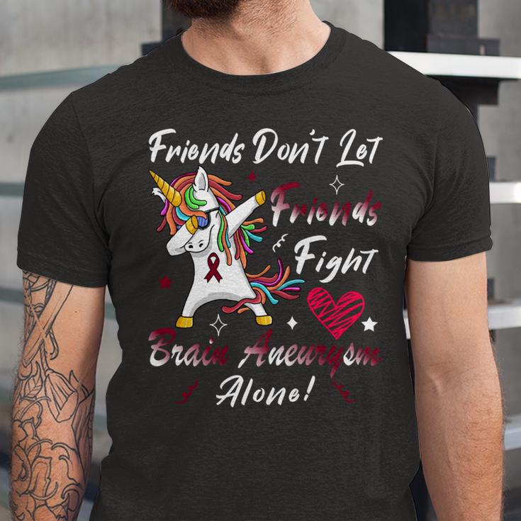 Friends Dont Let Friends Fight Brain Aneurysm Alone Unicorn Burgundy Ribbon Brain Aneurysm Bpd Brain Aneurysm V2 Unisex Jersey Short Sleeve Crewneck Tshirt