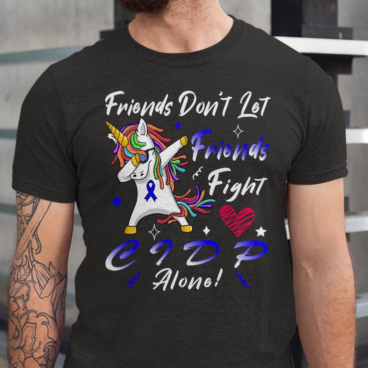 Friends Dont Let Friends Fight Chronic Inflammatory Demyelinating Polyneuropathy Cidp Alone Unicorn Blue Ribbon Cidp Support Cidp Awareness V2 Unisex Jersey Short Sleeve Crewneck Tshirt