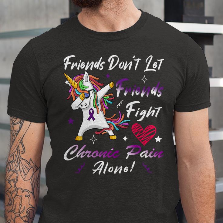 Friends Dont Let Friends Fight Chronic Pain Alone Unicorn Purple Ribbon Chronic Pain Support Chronic Pain Awareness Unisex Jersey Short Sleeve Crewneck Tshirt