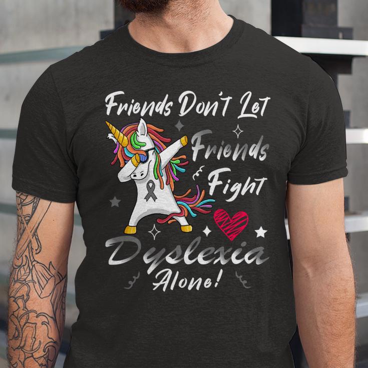 Friends Dont Let Friends Fight Dyslexia Alone Unicorn Grey Ribbon Dyslexia Dyslexia Awareness Unisex Jersey Short Sleeve Crewneck Tshirt