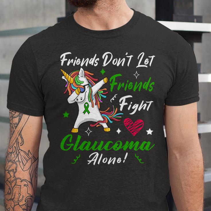 Friends Dont Let Friends Fight Glaucoma Alone Unicorn Green Ribbon Glaucoma Glaucoma Awareness Unisex Jersey Short Sleeve Crewneck Tshirt