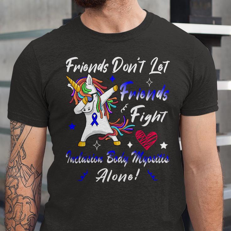 Friends Dont Let Friends Fight Ibm Alone Unicorn Blue Ribbon Inclusion Body Myositis Inclusion Body Myositis Awareness Unisex Jersey Short Sleeve Crewneck Tshirt