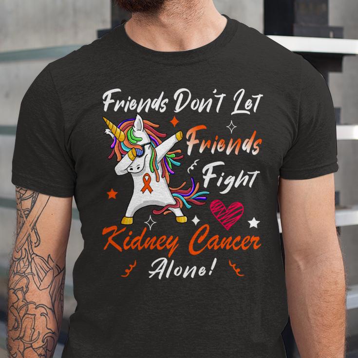 Friends Dont Let Friends Fight Kidney Cancer Alone Unicorn Orange Ribbon Kidney Cancer Kidney Cancer Awareness Unisex Jersey Short Sleeve Crewneck Tshirt