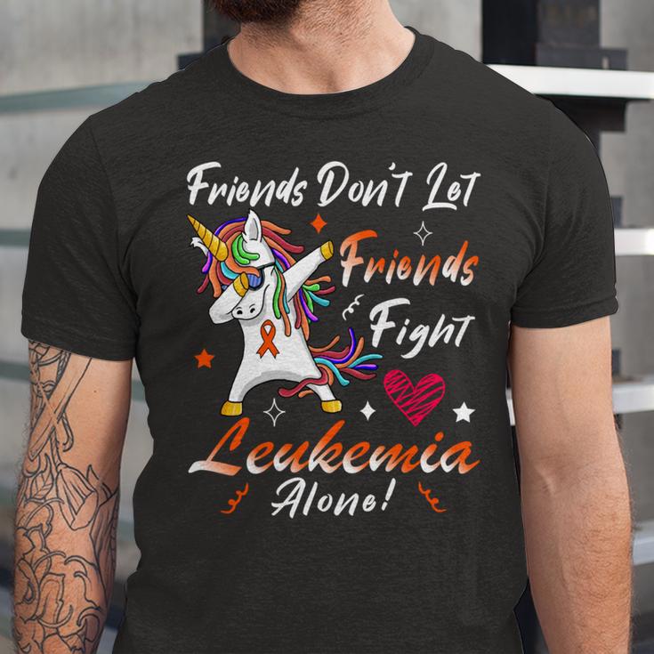 Friends Dont Let Friends Fight Leukemia Alone Unicorn Orange Ribbon Leukemia Leukemia Awareness Unisex Jersey Short Sleeve Crewneck Tshirt