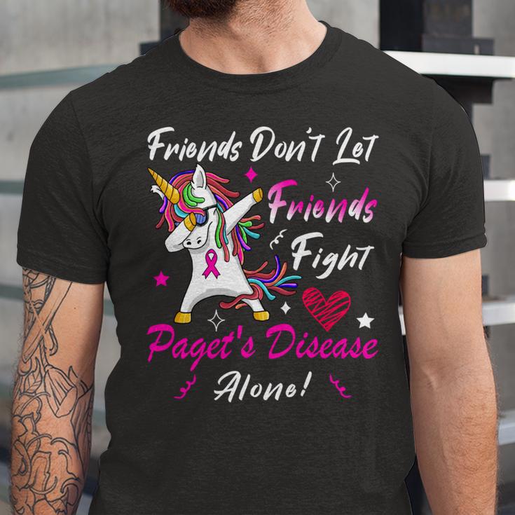 Friends Dont Let Friends Fight Pagets Disease Alone Unicorn Pink Ribbon Pagets Disease Pagets Disease Awareness Unisex Jersey Short Sleeve Crewneck Tshirt