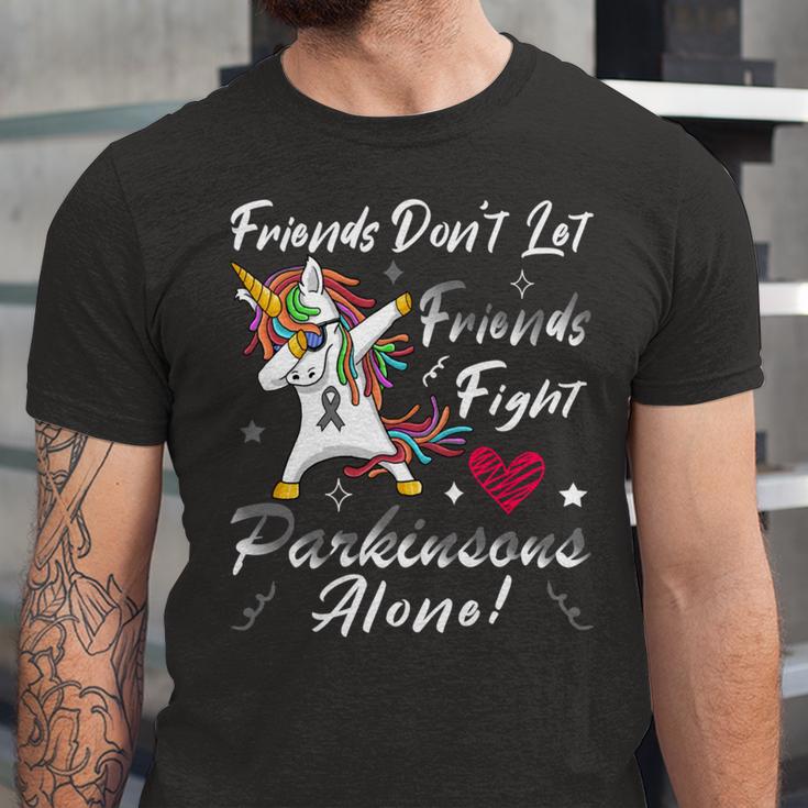 Friends Dont Let Friends Fight Parkinsons Alone Grey Ribbon Parkinsons Parkinsons Awareness Unisex Jersey Short Sleeve Crewneck Tshirt