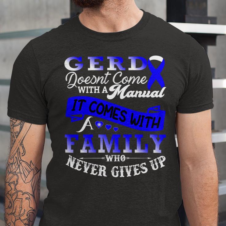 Gerd Doesnt Come With A Manual It Comes With A Family Who Never Gives Up Periwinkle Blue Ribbon Gastroesophageal Reflux Disease Gerd Awareness Unisex Jersey Short Sleeve Crewneck Tshirt