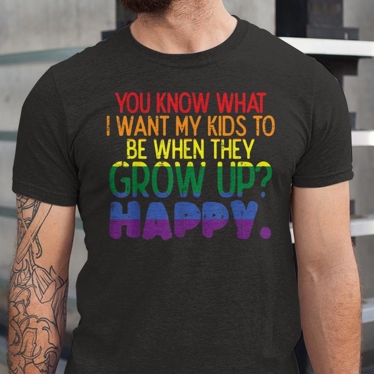 Happy Kids When Grow Up Parent Gay Pride Ally Lgbtq Month Unisex Jersey Short Sleeve Crewneck Tshirt