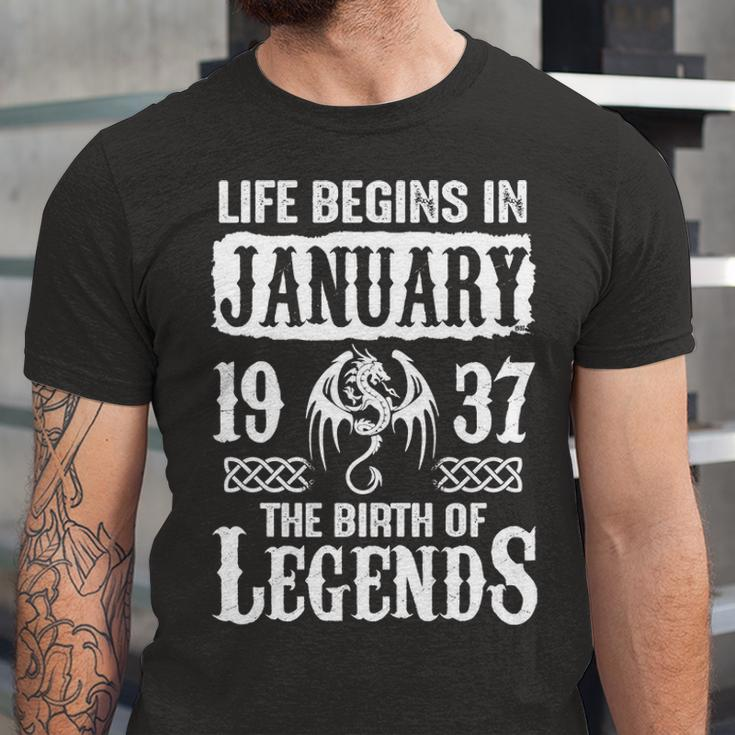 January 1937 Birthday Life Begins In January 1937 Unisex Jersey Short Sleeve Crewneck Tshirt