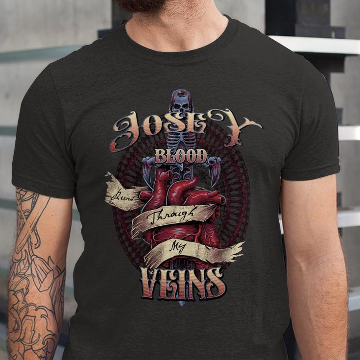 Josey Blood Runs Through My Veins Name Unisex Jersey Short Sleeve Crewneck Tshirt