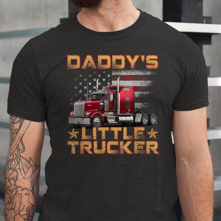 Kids Semi Truck Boys Gift Daddys Little Trucker Fathers Day Unisex Jersey Short Sleeve Crewneck Tshirt