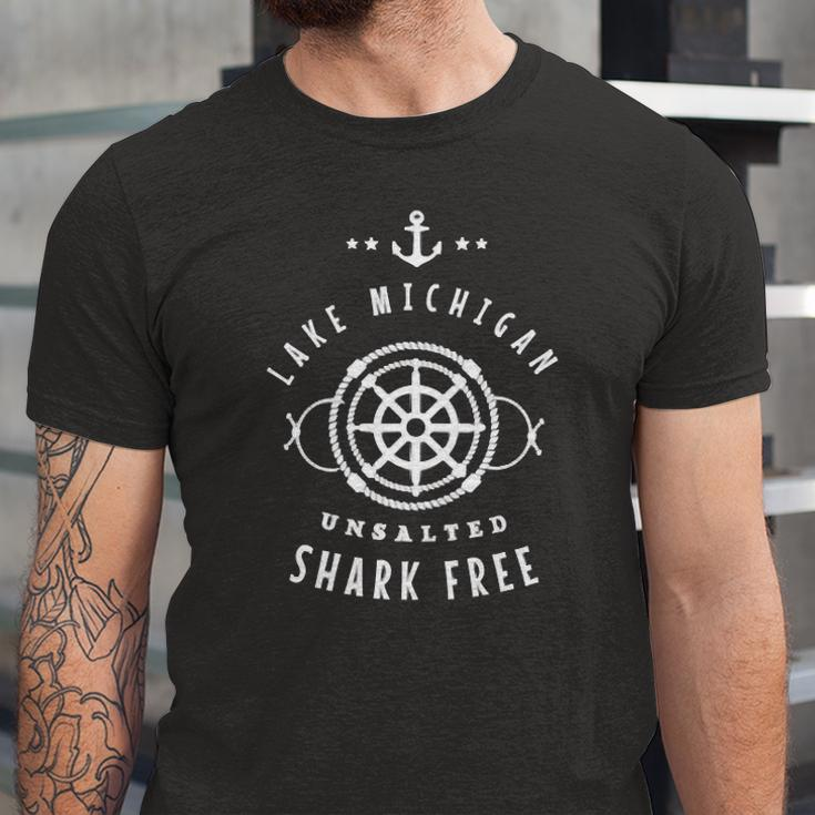 Lake Michigan Unsalted Shark Free Great Lakes Fishing Boat Jersey T-Shirt