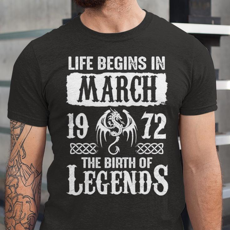 March 1972 Birthday Life Begins In March 1972 Unisex Jersey Short Sleeve Crewneck Tshirt