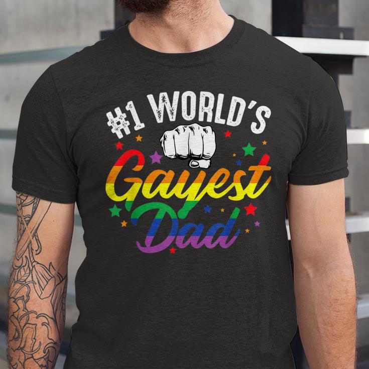 Mens 1 Worlds Gayest Dad Funny Fathers Day Lgbt Pride Rainbow 14 Shirt Unisex Jersey Short Sleeve Crewneck Tshirt