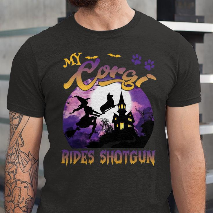 My Corgi Rides Shotgun Cool Halloween Protector Witch Dog Unisex Jersey Short Sleeve Crewneck Tshirt