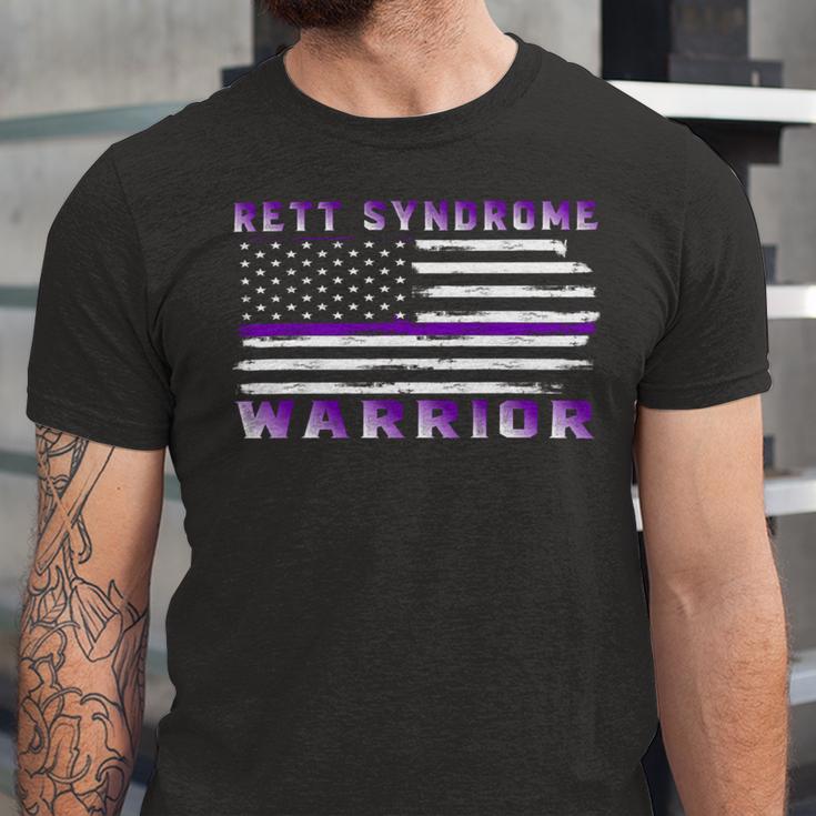 Rett Syndrome Warrior Usa Flag United States Flag Purple Ribbon Rett Syndrome Rett Syndrome Awareness Unisex Jersey Short Sleeve Crewneck Tshirt