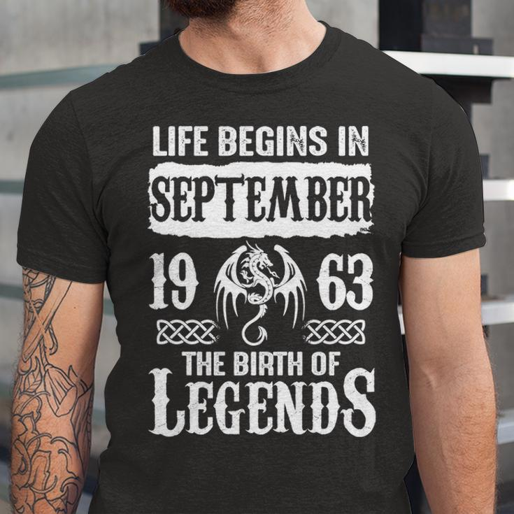 September 1963 Birthday Life Begins In September 1963 Unisex Jersey Short Sleeve Crewneck Tshirt