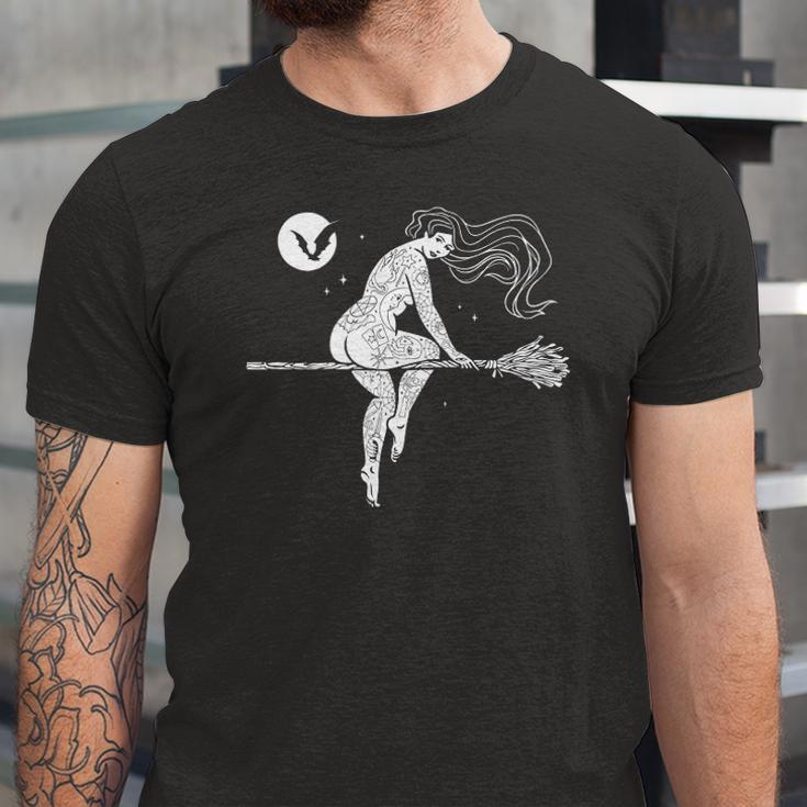 Tattooed Witch On Broomstick Full Moon & Bat Halloween Jersey T-Shirt