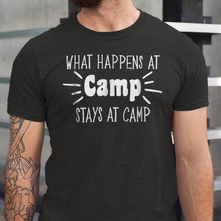What Happens At Camp Stays Shirt Funny Men Women Camping Unisex Jersey Short Sleeve Crewneck Tshirt