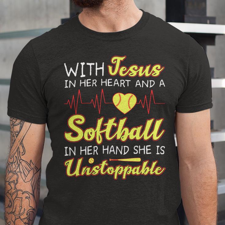 With Jesus In Her Heart And A Softball In Her Hand She Is Unstoppable A Unisex Jersey Short Sleeve Crewneck Tshirt