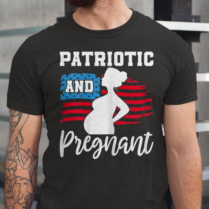 Womens Patriotic And Pregnant Baby Reveal 4Th Of July Pregnancy Unisex Jersey Short Sleeve Crewneck Tshirt