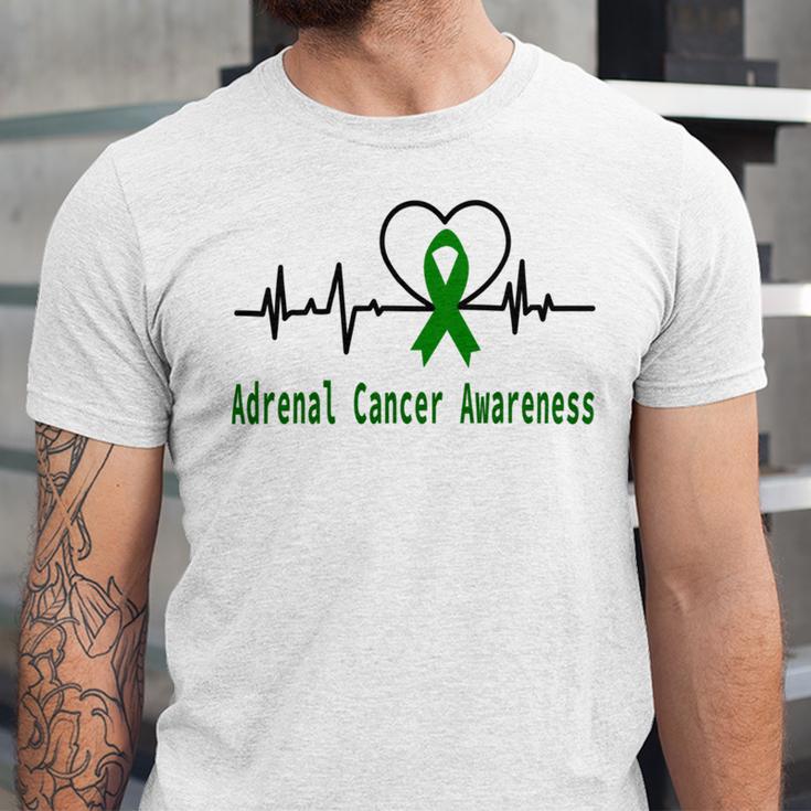 Adrenal Cancer Awareness Heartbeat Green Ribbon Adrenal Cancer Adrenal Cancer Awareness Unisex Jersey Short Sleeve Crewneck Tshirt