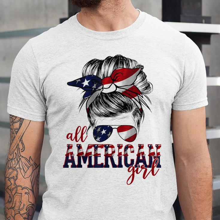 All American Girl Messy Hair Bun Woman Patriotic 4Th Of July Unisex Jersey Short Sleeve Crewneck Tshirt