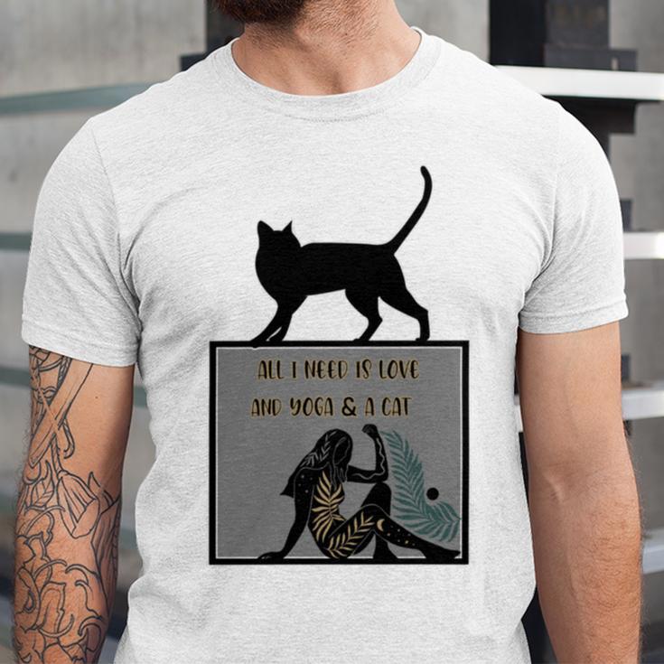 All I Need Is Love And Yoga And A Cat Lovers Gift For Yoga Lovers Funny Cat Unisex Jersey Short Sleeve Crewneck Tshirt