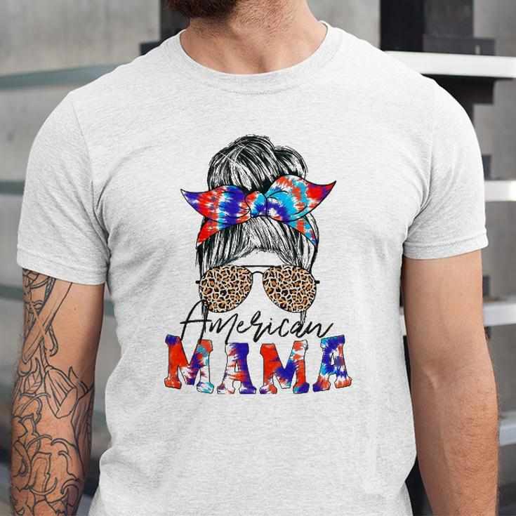 American Mama Usa Patriot Flag Tie Dye 4Th Of July Messy Bun Jersey T-Shirt