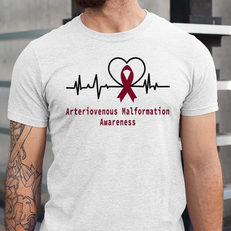 Arteriovenous Malformation Awareness Heartbeat Burgundy Ribbon Arteriovenous Malformation Support Arteriovenous Malformation Awareness Unisex Jersey Short Sleeve Crewneck Tshirt