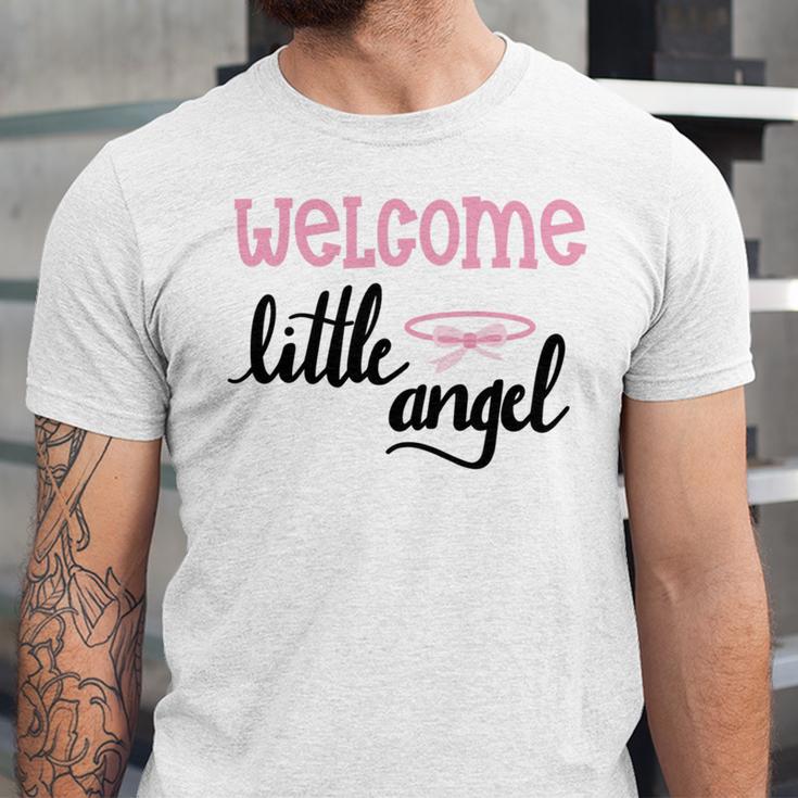 Baby Shower Text Design Welcome Little Angel Unisex Jersey Short Sleeve Crewneck Tshirt