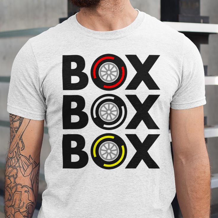 Box Box Box F1 Tyre Compound Design V2 Unisex Jersey Short Sleeve Crewneck Tshirt