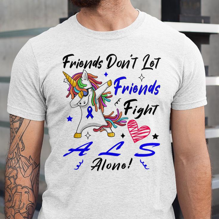 Friends Dont Let Friends Fight Als Alone Unicorn Blue Ribbon Amyotrophic Lateral Sclerosis Support Als Awareness Unisex Jersey Short Sleeve Crewneck Tshirt