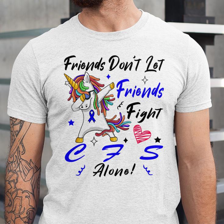 Friends Dont Let Friends Fight Chronic Fatigue Syndrome Cfs Alone Unicorn Blue Ribbon Chronic Fatigue Syndrome Support Cfs Awareness Unisex Jersey Short Sleeve Crewneck Tshirt