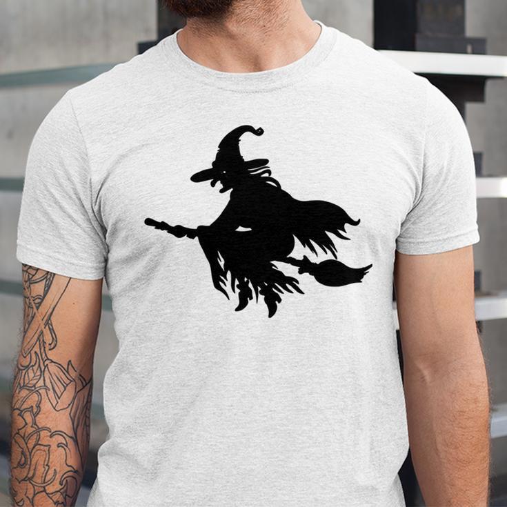 Halloween Scary Old Witch On Broom Art Design Pattern Unisex Jersey Short Sleeve Crewneck Tshirt