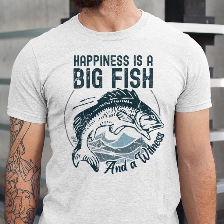 Happiness Is A Big Fish And A Witness Fisherman Dad Blue Unisex Jersey Short Sleeve Crewneck Tshirt