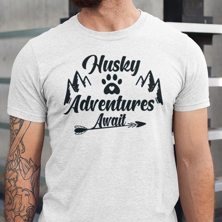 Husky Adventure Await Siberian Husky Adventures Hiking With Huskies Gift For Husky Lover V2 Unisex Jersey Short Sleeve Crewneck Tshirt