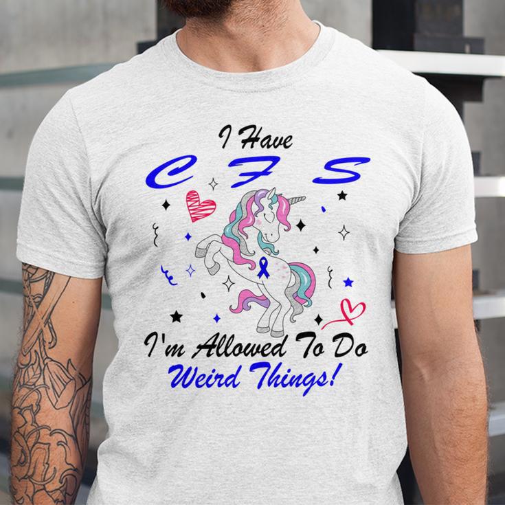 I Have Chronic Fatigue Syndrome Cfs Im Allowed To Do Weird Things Unicorn Blue Ribbon Chronic Fatigue Syndrome Support Cfs Awareness Unisex Jersey Short Sleeve Crewneck Tshirt