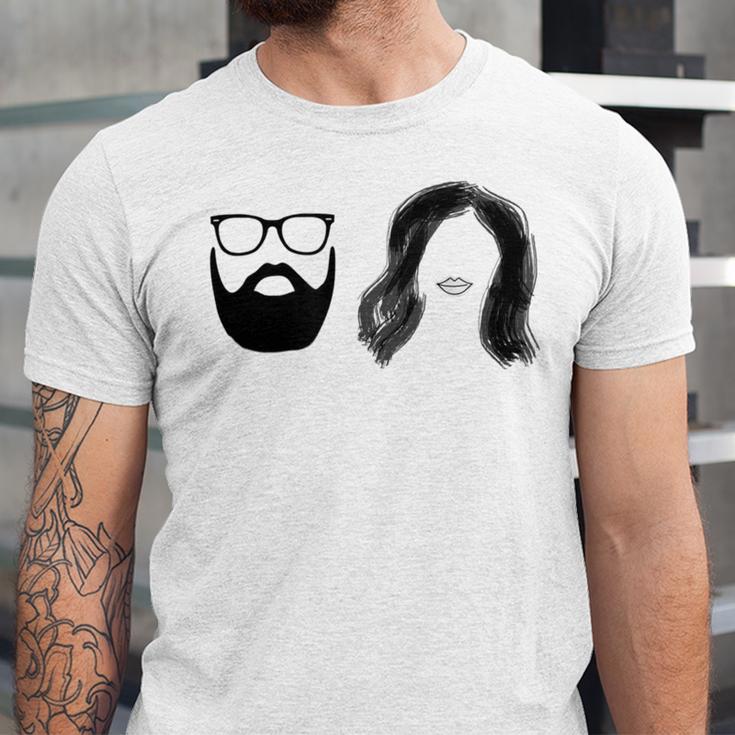 Man With Beard And Glasses With Woman Wavy Hair Unisex Jersey Short Sleeve Crewneck Tshirt