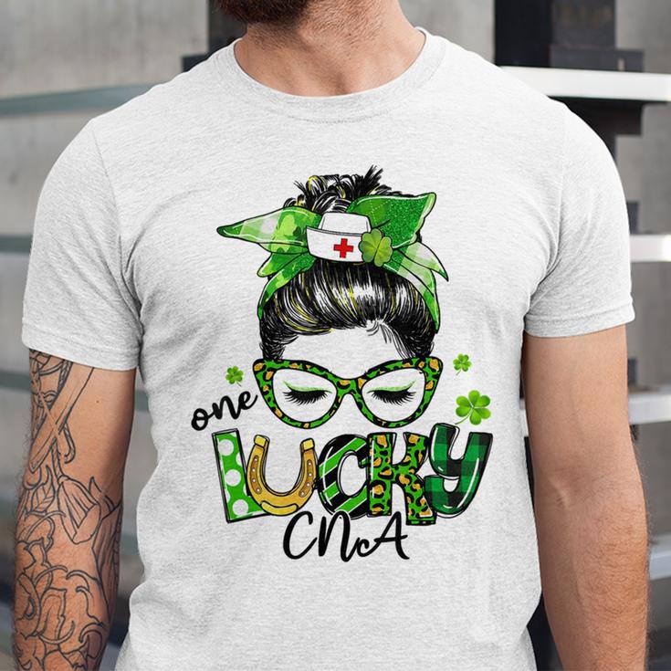 One Lucky Cna Messy Bun Shamrocks St Patricks Day Unisex Jersey Short Sleeve Crewneck Tshirt