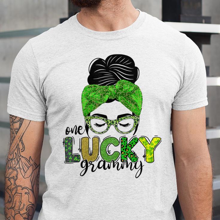 One Lucky Grammy Life Messy Bun St Patricks Day Irish Unisex Jersey Short Sleeve Crewneck Tshirt