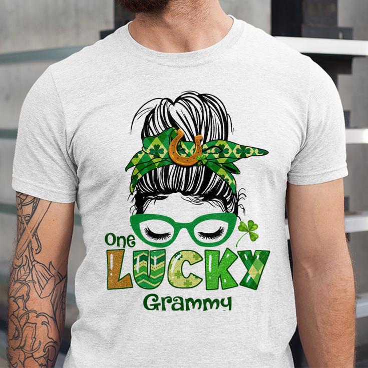 One Lucky Grammy Messy Bun Leopard St Patricks Day Unisex Jersey Short Sleeve Crewneck Tshirt