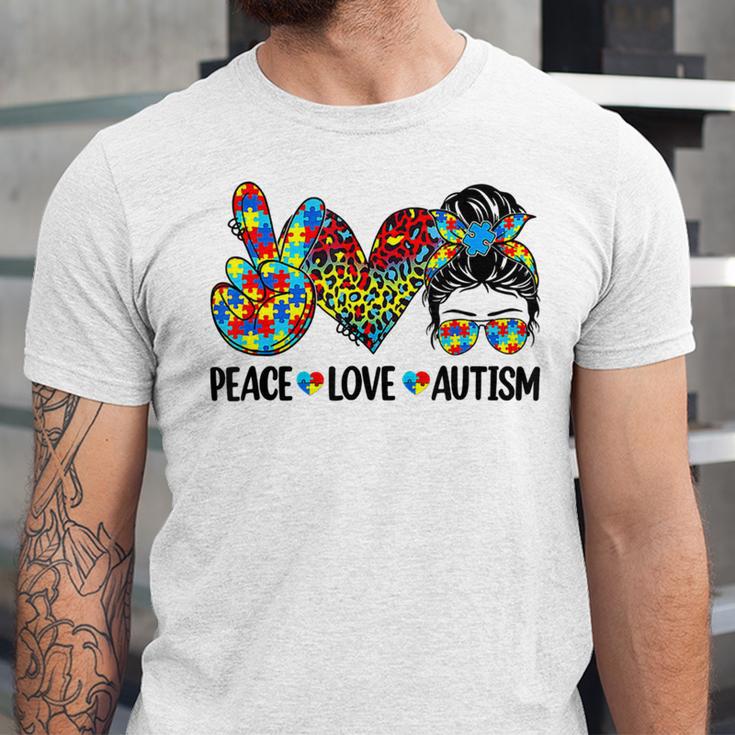 Peace Love Autism Mom Life Messy Bun Blue Autism Awareness Unisex Jersey Short Sleeve Crewneck Tshirt