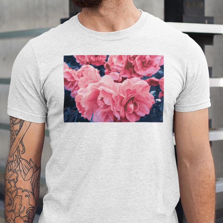 Pink Roses In Garden Unisex Jersey Short Sleeve Crewneck Tshirt