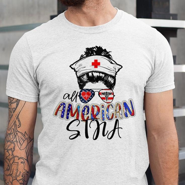 Stna All American Nurse Messy Buns Hair 4Th Of July Day Usa Unisex Jersey Short Sleeve Crewneck Tshirt