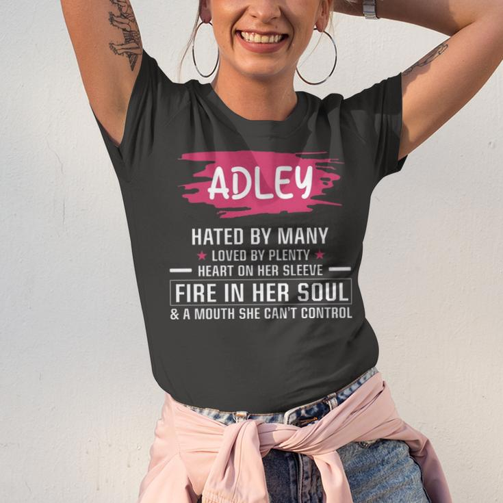 Adley Name Gift Adley Hated By Many Loved By Plenty Heart On Her Sleeve Unisex Jersey Short Sleeve Crewneck Tshirt