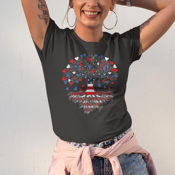 American Tree 4Th Of July Usa Flag Hearts Roots Patriotic Jersey T-Shirt